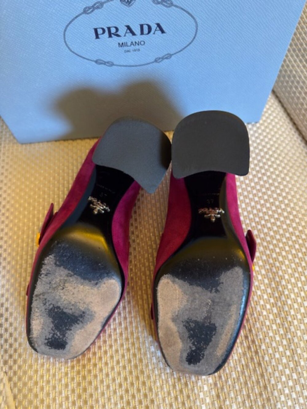 Prada Fuchsia Suede Kiltie Fringe Block Heel Loafer Pumps, size 7 - Picture 8 of 8